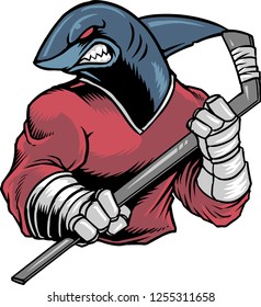 The illustration shows a shark that holds a hockey stick. The aquatic player wears a red uniform with white sleeves.