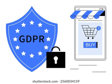 Illustration shows shield with GDPR text plus stars, padlock, and smartphone displaying online shopping cart and buy button. Ideal for data protection, e-commerce, online shopping, cybersecurity