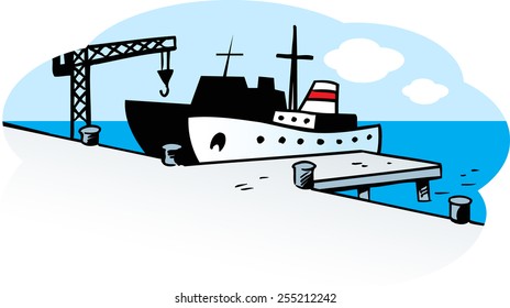 The illustration shows the ship and cargo crane on the pier.