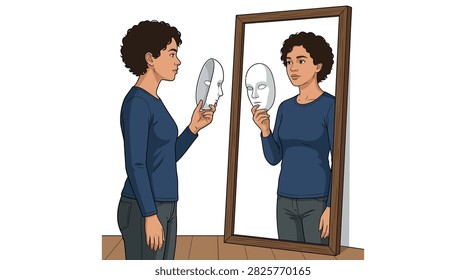 The illustration shows a side view of a person with curly hair wearing a dark long-sleeve shirt and dark pants. The figure holds a round silver mirror, reflecting a subtle highlight, while standing on a wooden floor against a white background.