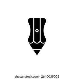 Illustration shows a simple, black and white pencil sharpener icon featuring a sleek, minimalist design ideal for graphic projects or design element usage.