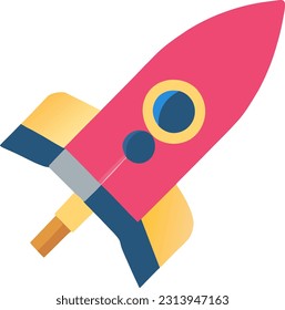 The illustration shows a simple cartoon rocket spaceship taking off into space. It has a retro design and represents the excitement of space exploration.