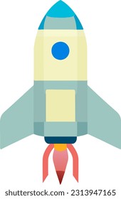 The illustration shows a simple cartoon rocket spaceship taking off into space. It has a retro design and represents the excitement of space exploration.