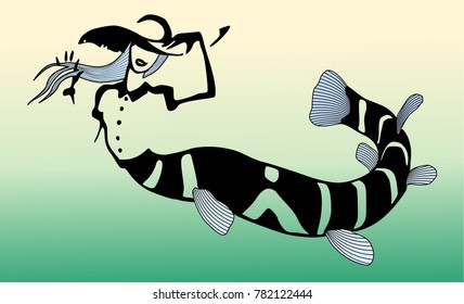 The illustration shows a simple well-drawn silhouette of an eccentric mermaid swimming in the water open spaces wearing a hat and shirt found in the middle of nowhere. 