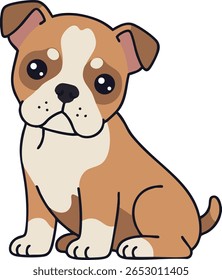 A ilustração mostra um filhote de buldogue marrom e branco sentado com olhos grandes e orelhas flexíveis em um estilo de desenho animado simples, evocando um humor divertido e amigável.