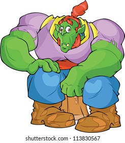 The Illustration shows sitting huge muscular green skin goblin with red hair. Goblin dressed in violet t-shirt, blue pants and boots. The illustration done in cartoon style.