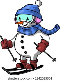 The illustration shows a skier snowman. He wears a blue hat and a scarf, a pair of snow glasses, a pair of brown gloves and a pair of boots.He has coal buttons and a carrot nose.