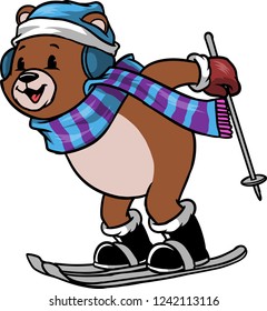 The illustration shows a skier Teddy bear. He wears a blue hat and a colored scarf, a pair of brown gloves and a pair of boots.