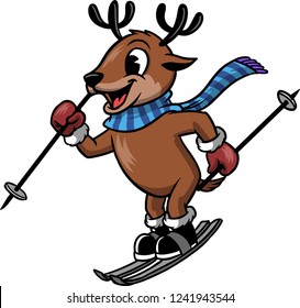 The illustration shows a skiing reindeer. He wears a blue winter scarf, a pair of gloves and a pair of black boots. The reindeer looks happy and full of enthusiasm. 