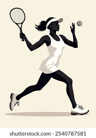 Uma ilustração mostra um jogador de tênis habilidoso em movimento rápido, destacando seu atletismo e estilo