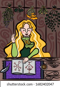 The illustration shows a Slavic girl reciting spells.