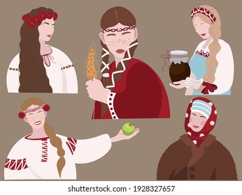 The illustration shows Slavic girls in national winter and summer outfits.
