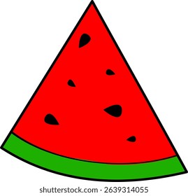 The illustration shows slices of fresh watermelon with bright red flesh and small black seeds. The slices are triangular in shape, with dark green rinds and light green stripes. The fruit looks fresh 