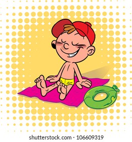 The illustration shows a small child resting and sunning on the sand