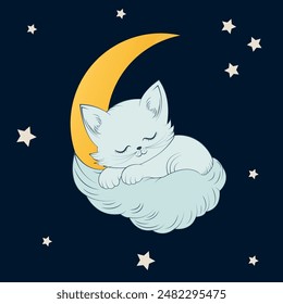 The illustration shows a small kitten sleeping on the moon