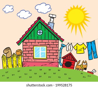 The illustration shows a small rustic house and a yard with a fence and a dog. Illustration done in cartoon style.