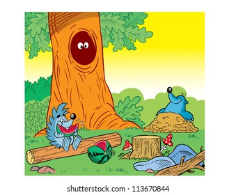 The illustration shows the small wild animals in the forest. Hedgehog sitting on timber and eating watermelon, got out of the hole mole. Illustration done in cartoon style.
