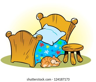 The illustration shows a small wooden bed and a chair. On the floor, sleeping pet cat. Illustration done on separate layers in a cartoon style.