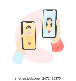The illustration shows smartphones in hands. Man and woman. Vector illustration