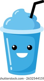 Illustration shows a smiling blue smoothie cup with whipped cream and a black straw in a simple cartoon style, perfect for cheerful beverage designs. Bright and friendly mood.