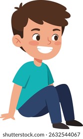 La ilustración muestra a un niño sonriente sentado en el suelo con una camisa turquesa y pantalones oscuros, expresando felicidad y relajación en una pose casual. Sentimiento alegre.