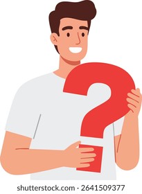 Illustration shows a smiling young man holding a large red question mark symbol representing inquiry and curiosity in a bright simple style. Mood is positive.