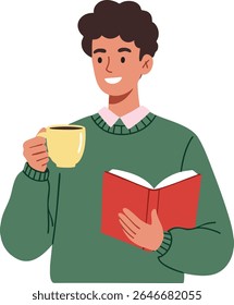 Illustration shows a smiling young man holding a yellow cup and reading a red book, dressed in a green sweater and pink shirt, conveying a relaxed and content mood.