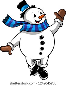 The illustration shows snowman that is greeting his friends  He is wearing top hat  blue scarf  pair brown gloves   pair black boots  He looks very happy  