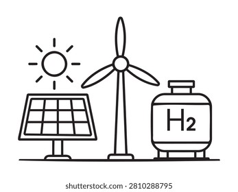 Illustration shows a solar panel under a sun wind turbine and hydrogen storage tank labeled H2 