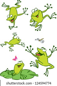 The illustration shows of some cartoon frogs  in various poses, as well as insects and water lilies. Funny frog on a white background, are on separate layers.