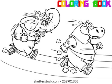 The illustration shows some elephant and hippopotamus who compete, who faster runs. Illustration done in black and white outline for coloring book, in cartoon style, on separate layers