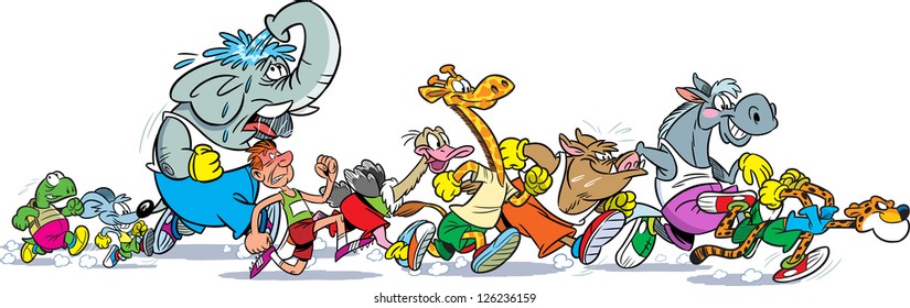 The illustration shows some species of animals and man who compete, who faster runs. Illustration done in cartoon style, on separate layers, the horizontal.