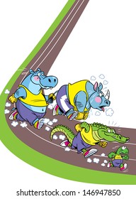 The illustration shows some species of animals who compete, who faster runs. Illustration done in cartoon style, on separate layers