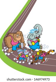 The illustration shows some species of animals who compete, who faster runs. Illustration done in cartoon style, on separate layers