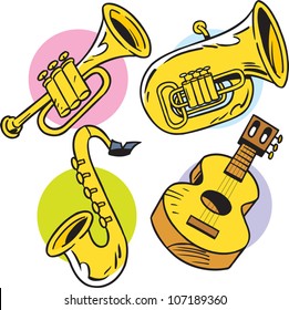 The illustration shows some string and wind musical instruments