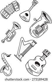 
The illustration shows some string and wind musical instruments. Illustration done on separate layers, black contour, isolated on white background