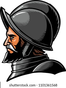 The illustration shows a Spanish conquistador wearing a heavy armor and a big helmet.  