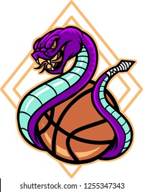 The illustration shows a sport emblem, represented by a snake wrapped around a basketball. 