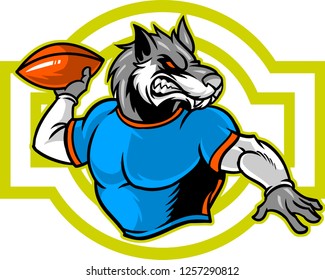 The illustration shows a sport emblem represented by a wolf that plays football. The wild player wears a blue uniform and he's about to score a goal. 