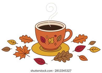 Illustration shows a steaming coffee cup with autumn leaf designs on transparent background