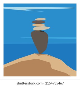 The illustration shows stones on a background of the sea, symbolizing harmony.