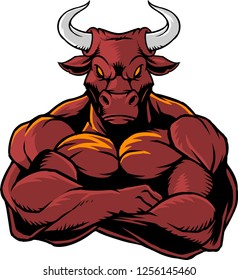 The illustration shows a strong bull whose body is covered with huge muscles. The wild fighter has big horns.