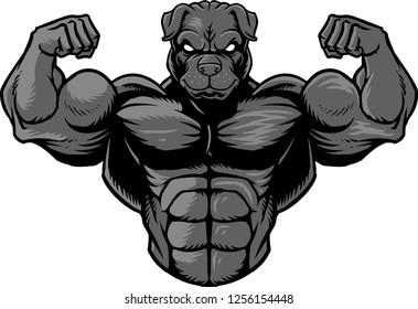 The illustration shows a strong bulldog that shows off his huge muscles. 