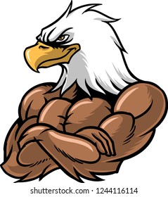 The illustration shows a strong eagle man. He has a body covered with muscles, an yellow beak and a terrifying look. 