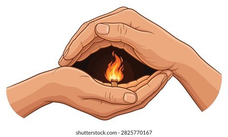 The illustration shows a stylized hand forming a cup shape with a second hand placed over it, revealing a dark void between the palms. Warm orange and brown gradients shade the skin, and the background is plain white.