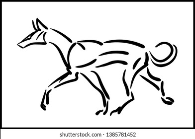 The illustration shows a stylized hungry dog looking for food. Could be used in an article about homeless dogs. The illustration is suitable for a plotter.