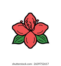 Illustration shows a stylized red hibiscus flower with detailed black outlines, accompanied by green leaves in a simple vector graphic design against white background.