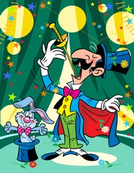 The Illustration Shows Sword-swallower Illusionist And Rabbit From The Hat On The Circus Arena. Illustration Done On Separate Layers In A Cartoon Style.