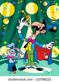 The illustration shows sword-swallower illusionist and rabbit from the hat on the circus arena. Illustration done on separate layers in a cartoon style.