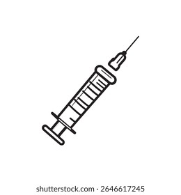 A ilustração mostra a seringa em preto e branco, ferramenta médica usada para injetar líquido; agulha, barril e êmbolo representados em estilo simples, estilo de arte vetorial com fundo transparente.
